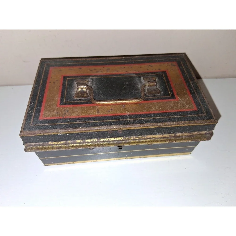 Vintage Antique English Made Tin Document Box Cash Box Black Gold Tole Style